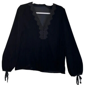 Zara Basic Womens M Black V Neck Lace Trim Velvet Festival Blouse